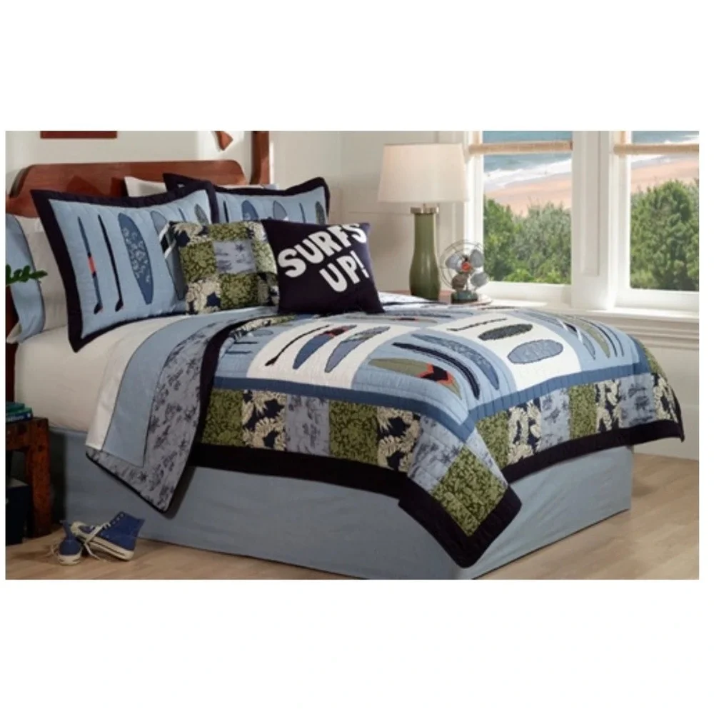 Laura Hart Kids Surfboard Quilt Set Blue Tropical Coastal 4pc Cotton Twin